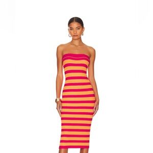 MORE TO COME Lesley ribbed strapless dress in pink and orange